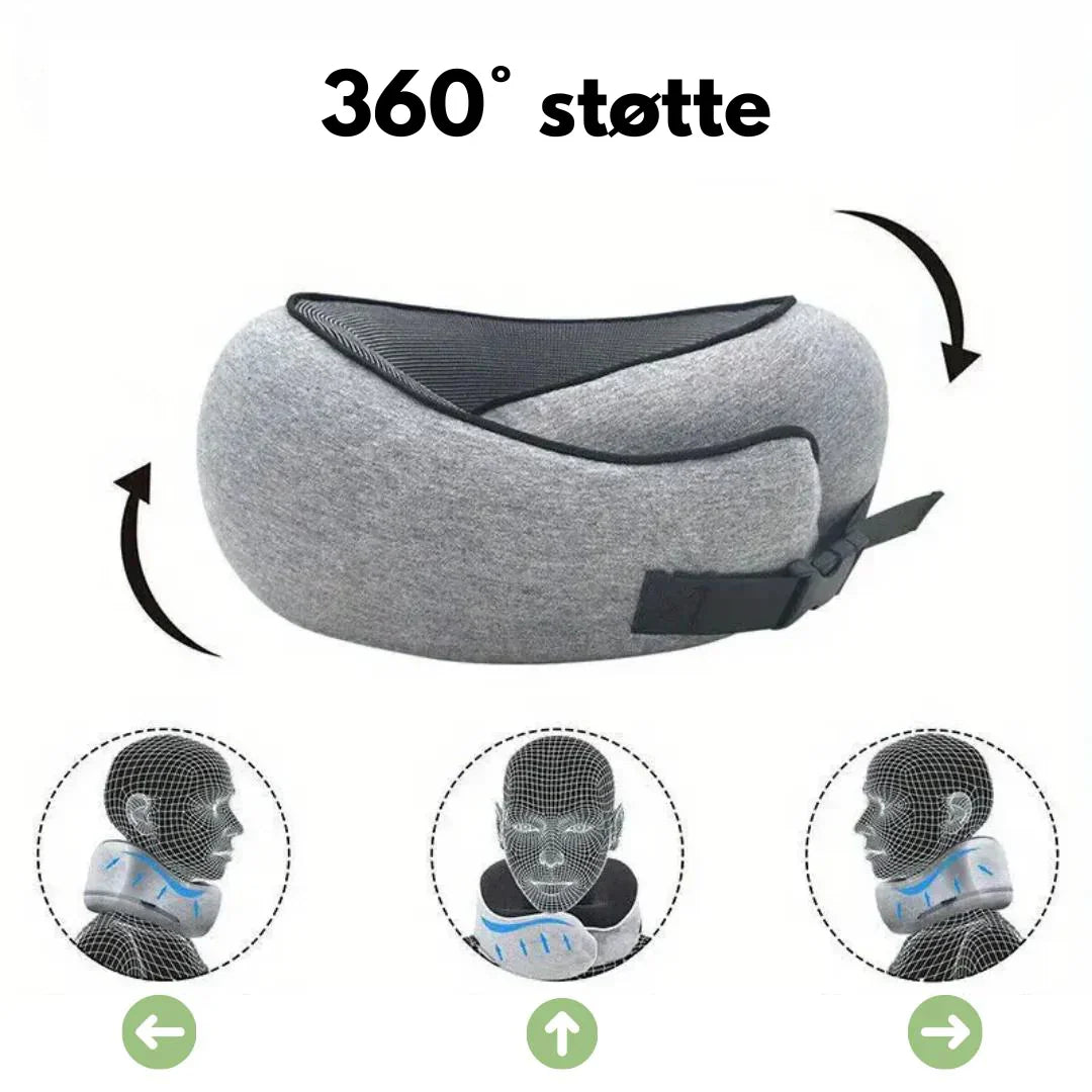 360° sort nakkepude med memory-skum, magnetisk stof og justerbar velcro. Perfekt til rejser med opbevaringspose inkluderet.