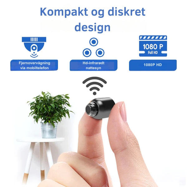 "Bærbart NanoWatch WiFi kamera med 1080p HD og 120° vidvinkellinse, magnetisk base, sort diskret design"