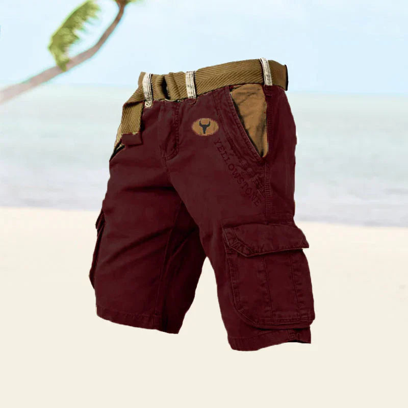 "Blå cargo shorts til herre med mange lommer og justerbar linning for optimal komfort og stil."