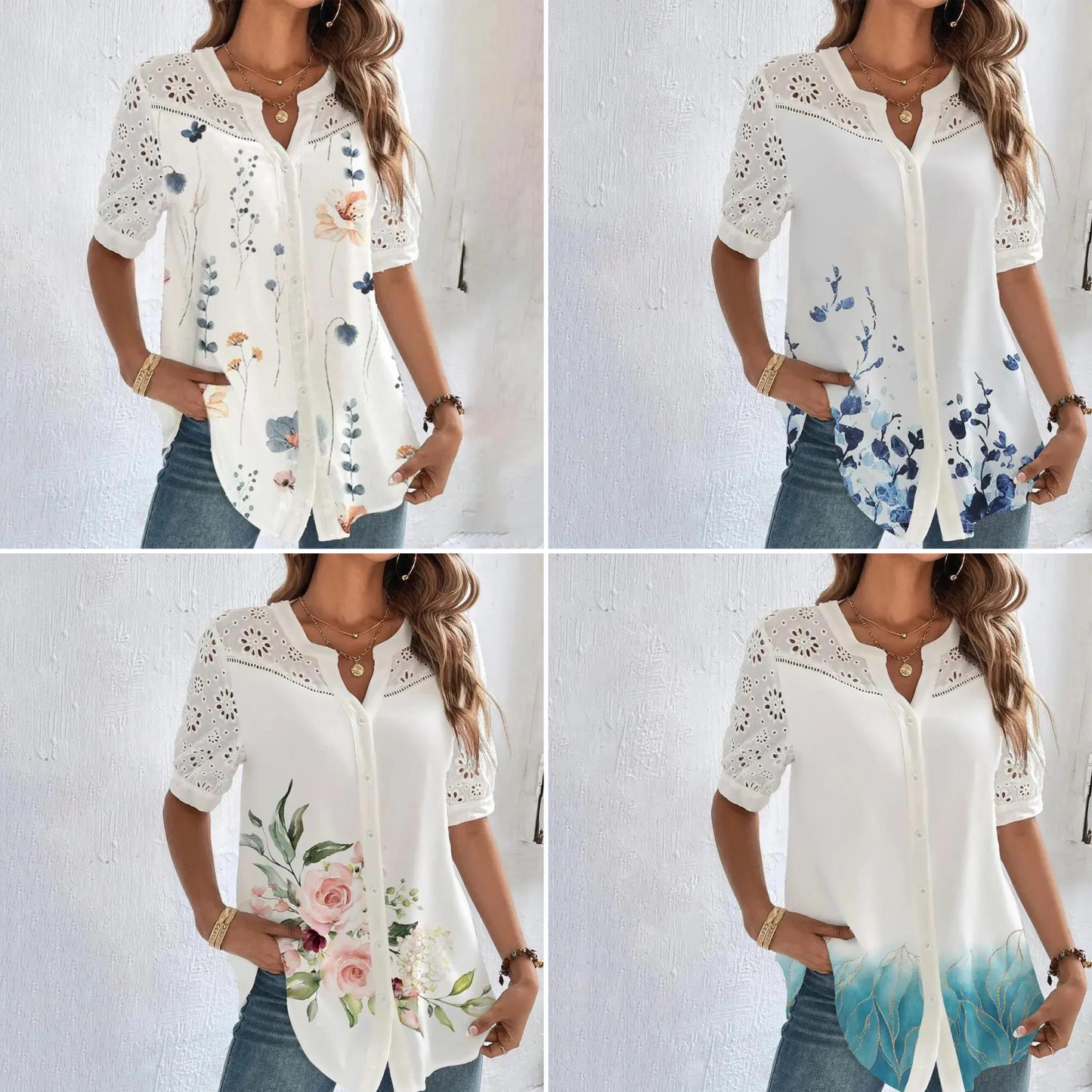 "Elegant bluse med blomsterprint, knaplukning og blondeærmer for et sofistikeret og feminint look"