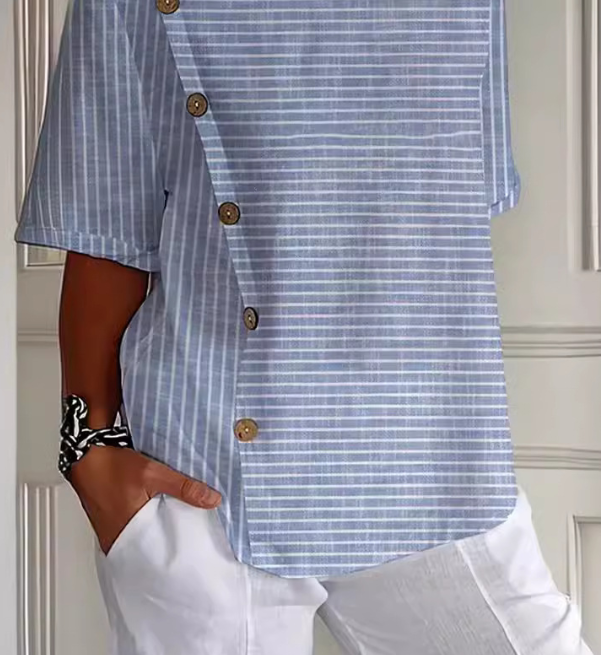 "Elegant dame skjorte i let bomuld og linned, button down design, ideel til både hverdag og festlige lejligheder."