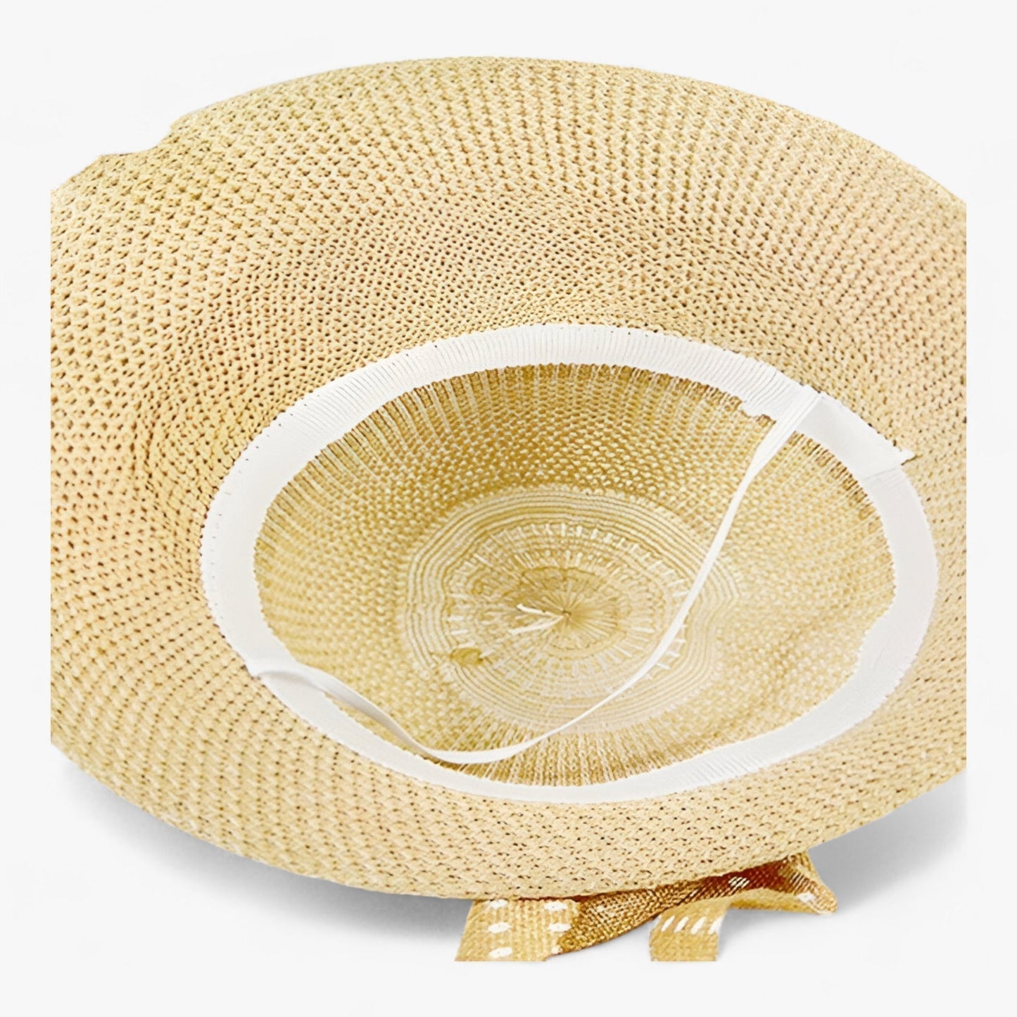 Elegant dame solhat med bred skygge og UV-beskyttelse i åndbart strikmateriale med prikket snorebånd og sløjfe.