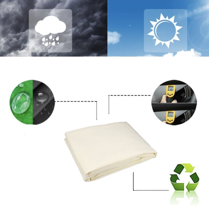 "Elegant SunStopper™ solskærm på terrasse. Vandtæt 420D polyester, UV-beskyttelse, rektangulær form, nem installation."