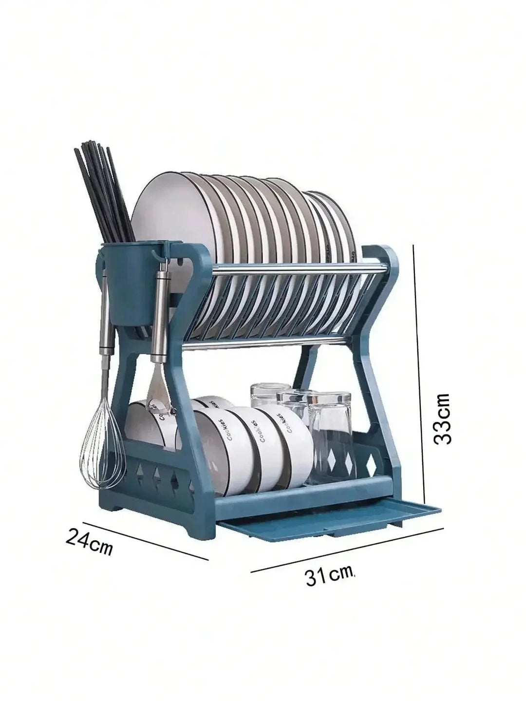 "Foldbart opvaskestativ i beige, blå eller sort, pladsbesparende og elegant til organisering af køkkenartikler."