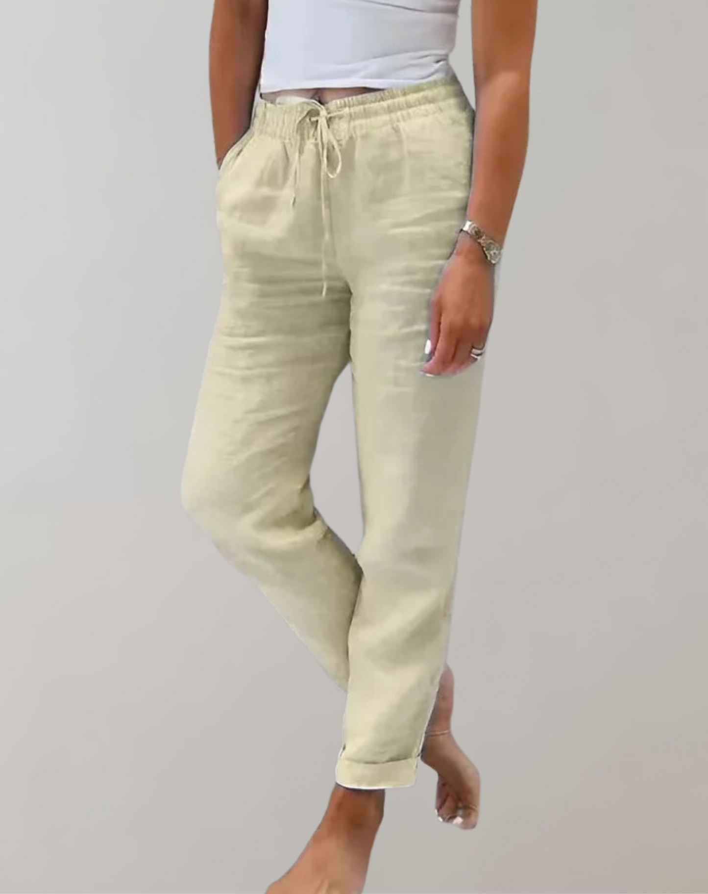 "Højtaljede brede-ben bukser til kvinder i blødt materiale, elegant pasform, lysegrå farve, ideel til både arbejde og fritid.