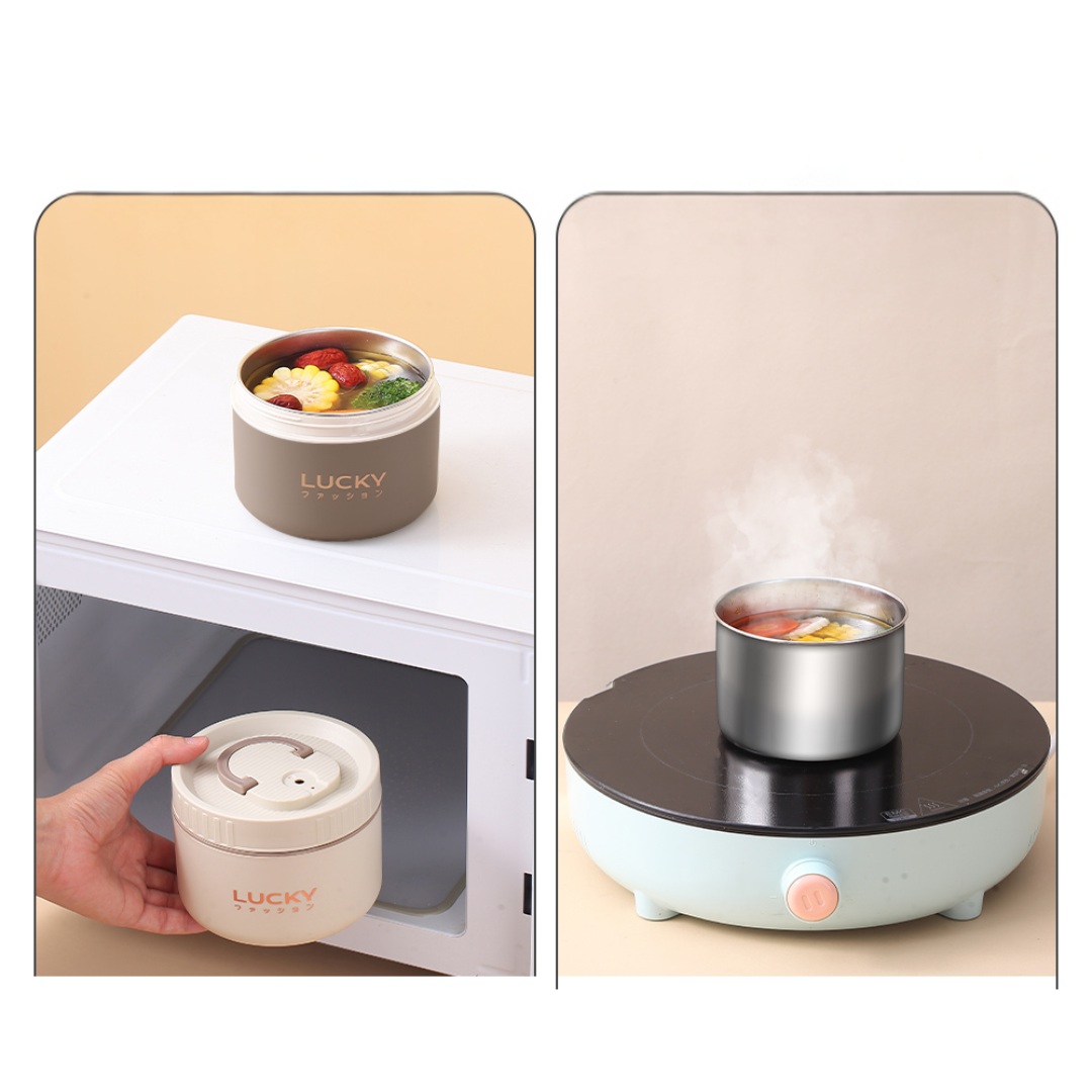 "Isoleret madkasse i rustfrit stål, lækagesikker med stilfuldt design til mænd, ideel til varme måltider på farten."