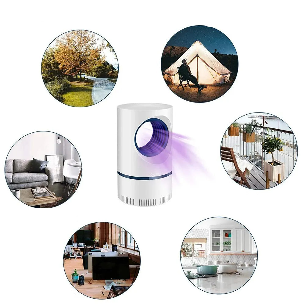 "Myggedræber med lys og lydløs vakuum, moderne design, effektiv til indendørs og udendørs brug mod myg."