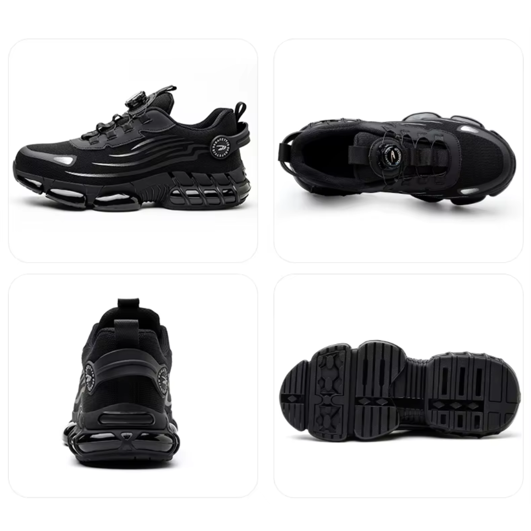 "Sort sikkerhedssko til mænd, robust og komfortabel med ståltåkappe og skridsikker sål, ideel til arbejdsmiljøer."