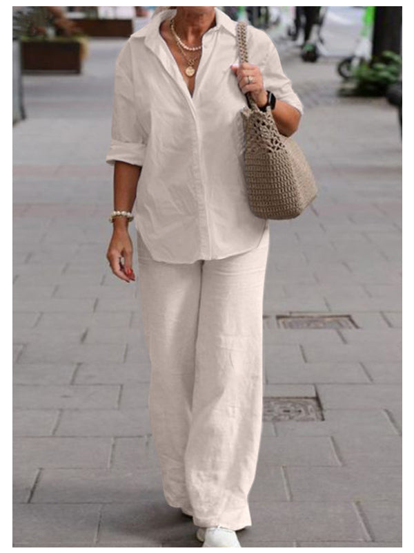 "Stilrent, komfortabelt sæt til kvinder med bomuld og hør skjorter og bukser, perfekt til afslappede og semi-formelle lejligh