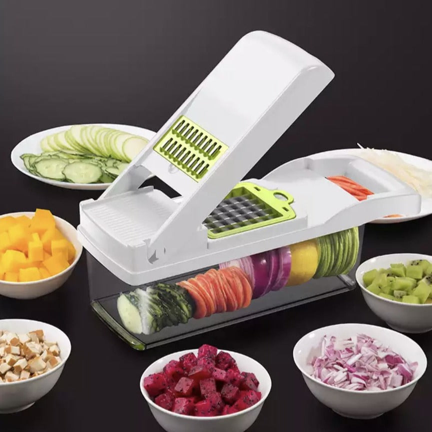 "10-i-1 multifunktionelt grøntsagsrivejern i stål, skærer og former grøntsager, kompakt design, nem rengøring"