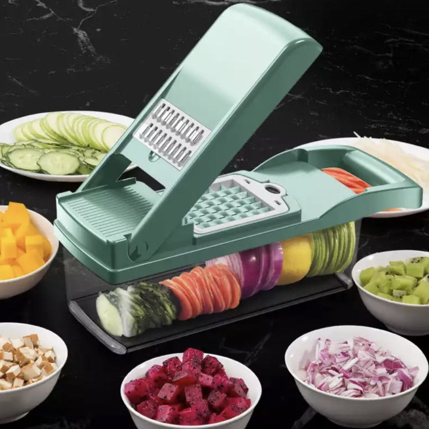 "10-i-1 multifunktionelt grøntsagsrivejern i stål, skærer og former grøntsager, kompakt design, nem rengøring"
