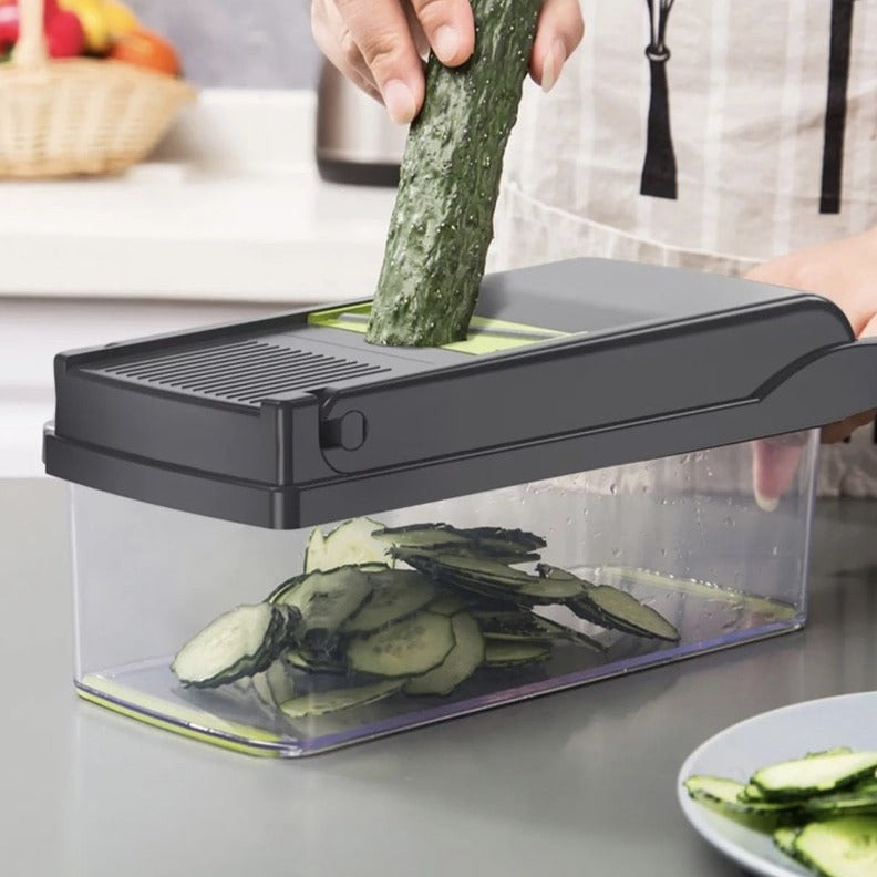 "10-i-1 multifunktionelt grøntsagsrivejern i stål, skærer og former grøntsager, kompakt design, nem rengøring"