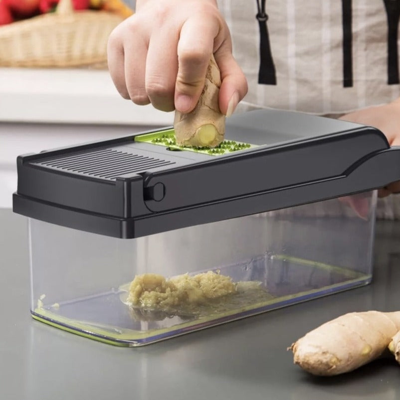 "10-i-1 multifunktionelt grøntsagsrivejern i stål, skærer og former grøntsager, kompakt design, nem rengøring"