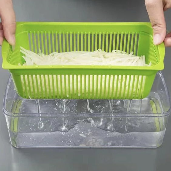 "10-i-1 multifunktionelt grøntsagsrivejern i stål, skærer og former grøntsager, kompakt design, nem rengøring"