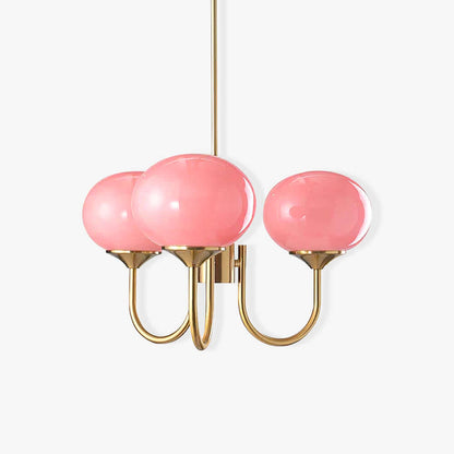 Elegant Lysekrone med Gyldne Detaljer & Lyserøde Glasskærme