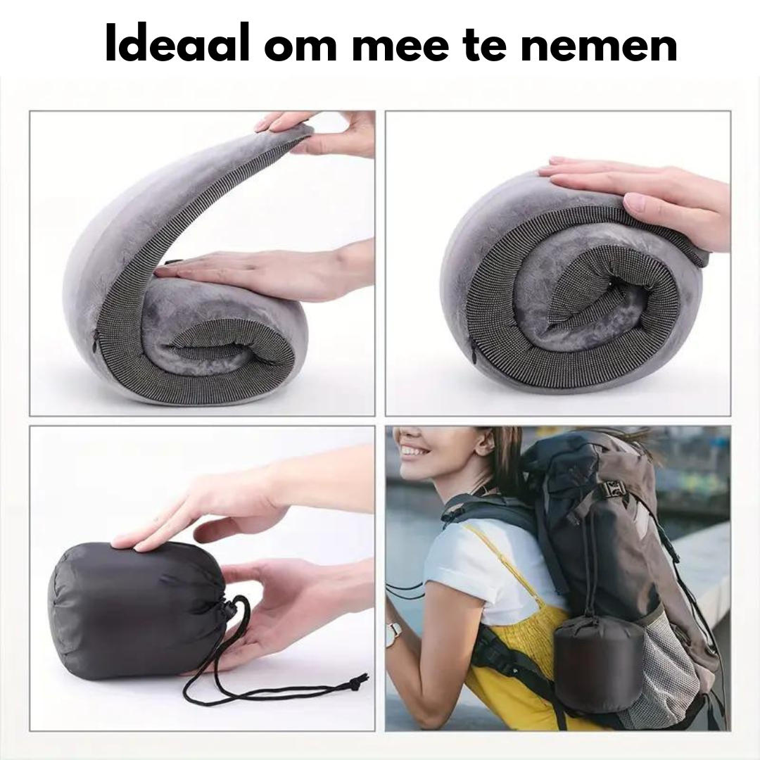 360° sort nakkepude med memory-skum, magnetisk stof og justerbar velcro. Perfekt til rejser med opbevaringspose inkluderet.