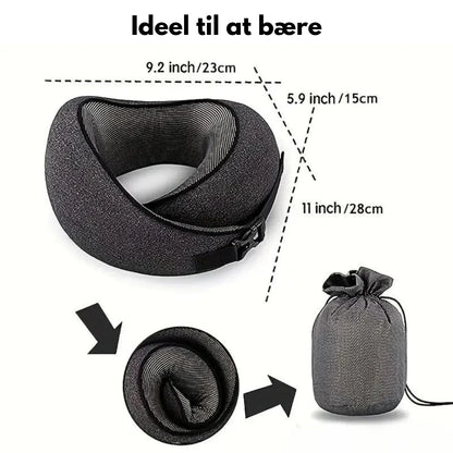 360° sort nakkepude med memory-skum, magnetisk stof og justerbar velcro. Perfekt til rejser med opbevaringspose inkluderet.