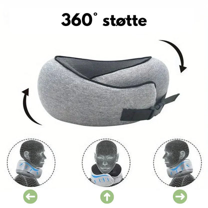 360° sort nakkepude med memory-skum, magnetisk stof og justerbar velcro. Perfekt til rejser med opbevaringspose inkluderet.