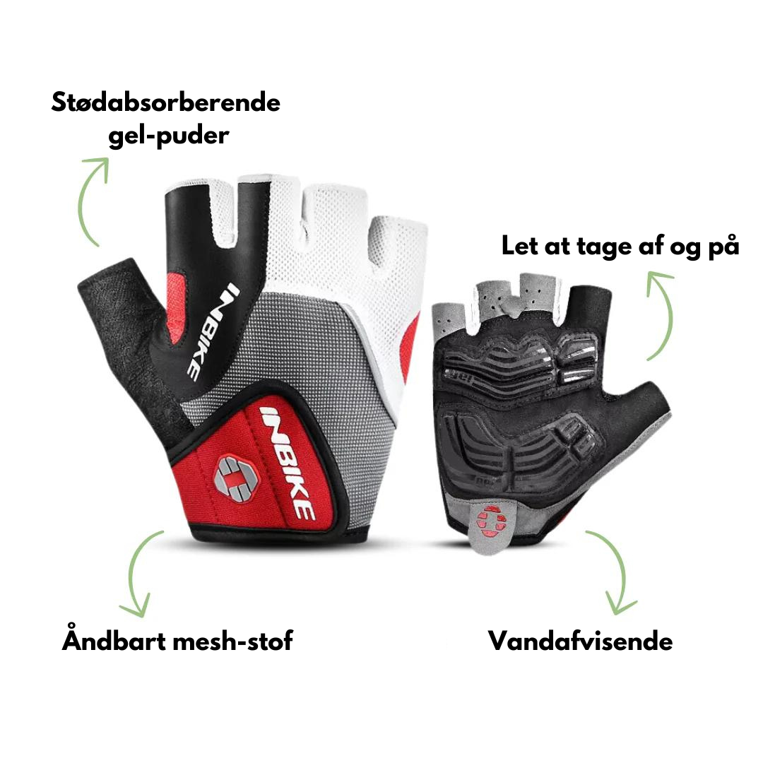 "3D gel cykelhandsker med ergonomisk greb og åndbart mesh-stof, optimeret til stødabsorbering og komfort."