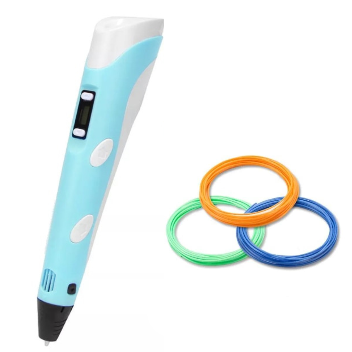 "3D tegnepen for børn, slank og ergonomisk, skaber farverige kunstværker i luften ved justerbar hastighed."