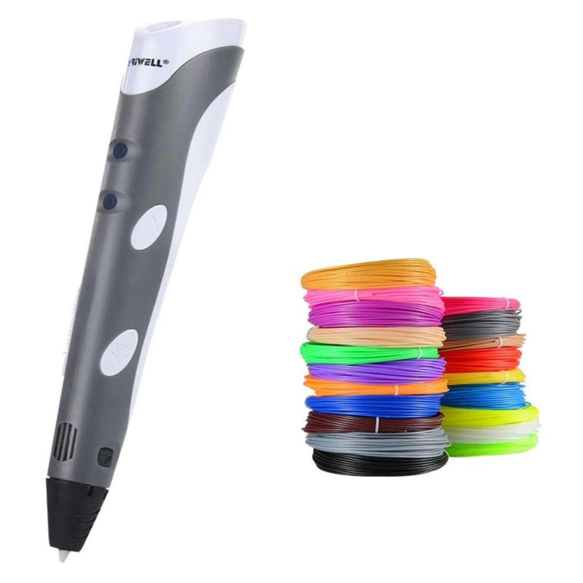 "3D tegnepen for børn, slank og ergonomisk, skaber farverige kunstværker i luften ved justerbar hastighed."