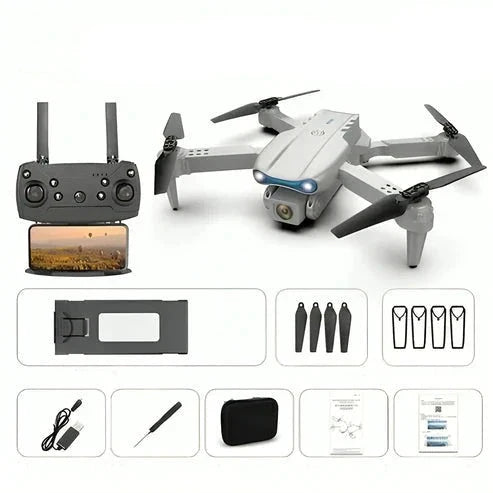 "4K UHD drone med dobbelte kameraer, lang flyvetid, grå design, perfekt til professionelle og hobbyfotografer."