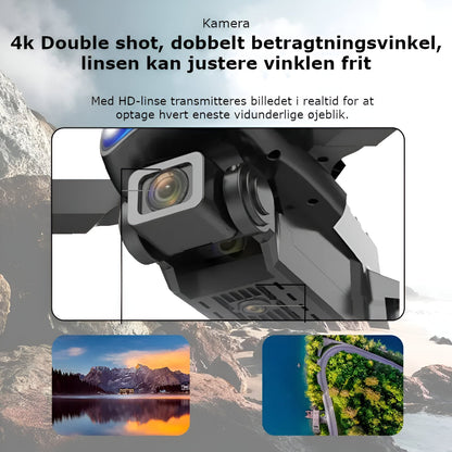 "4K UHD drone med dobbelte kameraer, lang flyvetid, grå design, perfekt til professionelle og hobbyfotografer."