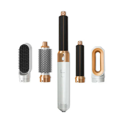 "5-i-1 hårstylingværktøj i rosa med udskiftelige hoveder til glatning, krøllning, volumen og tørring, elegant design"