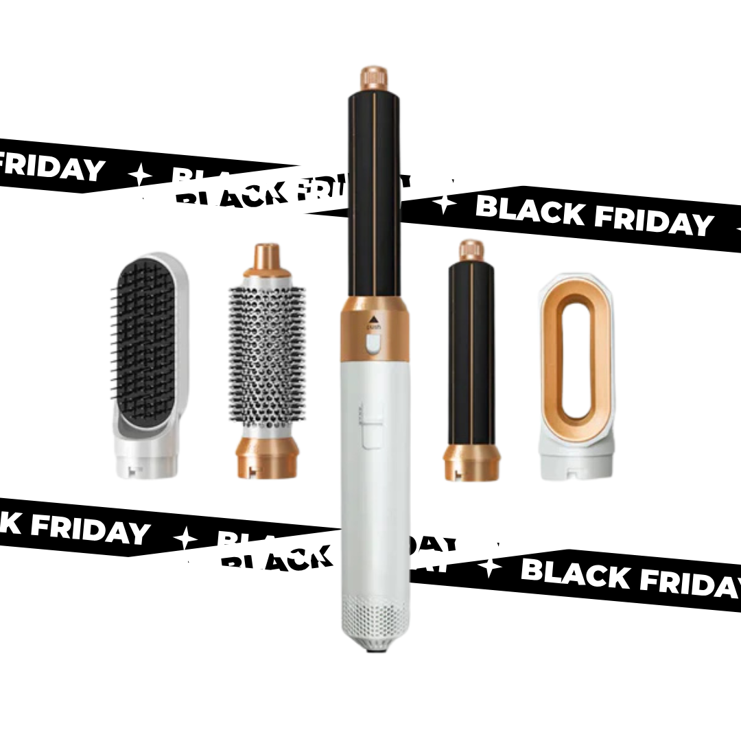 "5-i-1 hårstylingværktøj i rosa med udskiftelige hoveder til glatning, krøllning, volumen og tørring, elegant design"