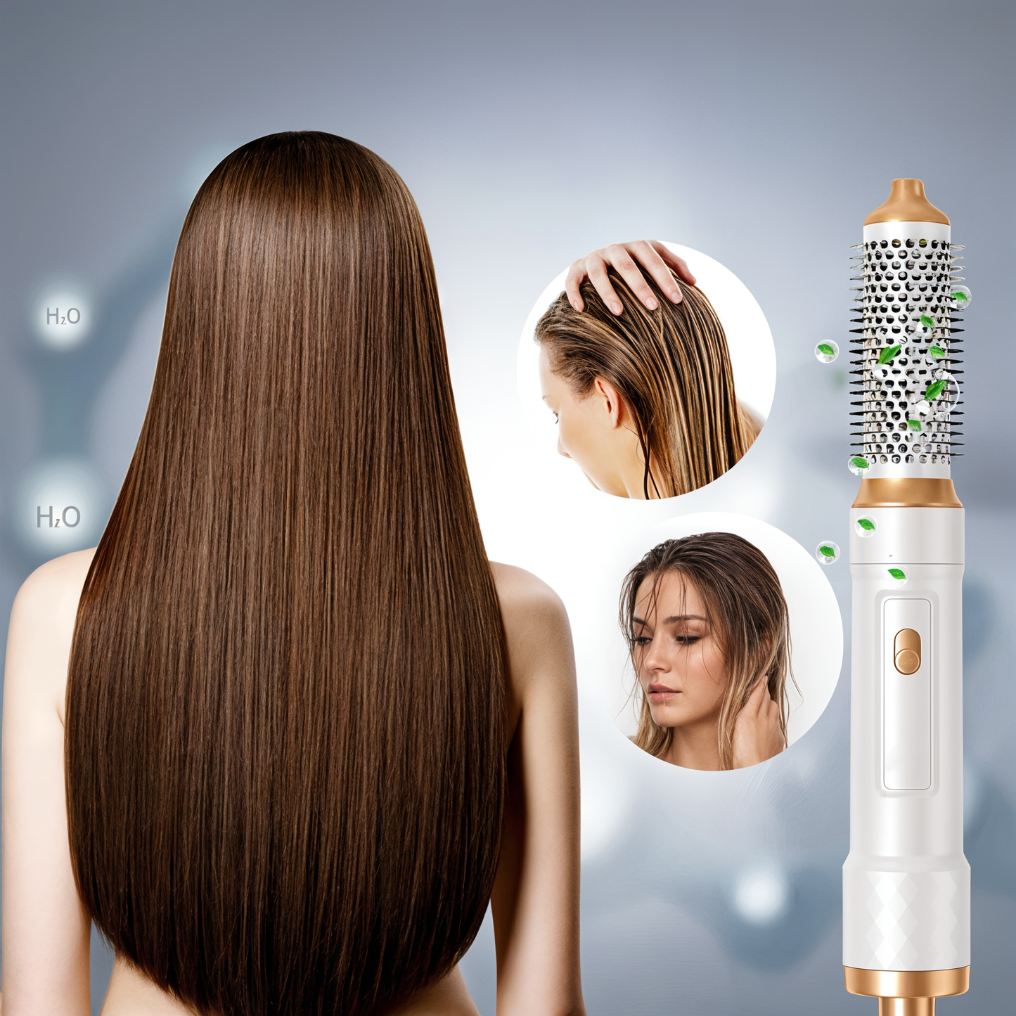 "5-i-1 multistyler hårtørrer med børste- og dysehoveder til styling, stilrent design, skånsom og antistatisk teknologi"