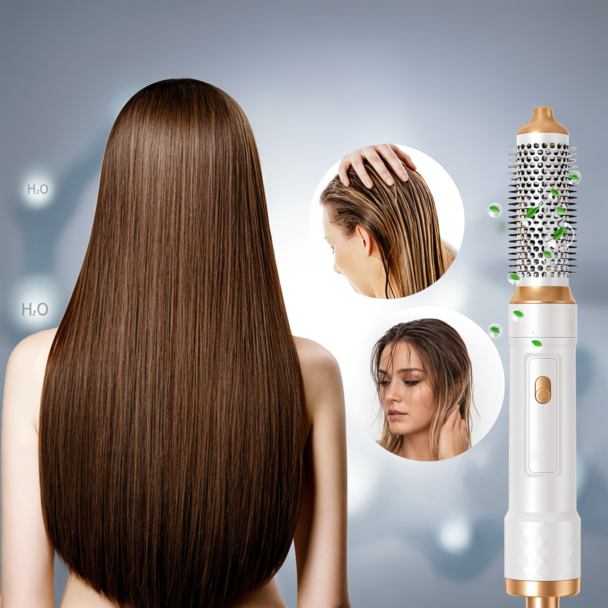 "5-i-1 multistyler hårtørrer med børste- og dysehoveder til styling, stilrent design, skånsom og antistatisk teknologi"