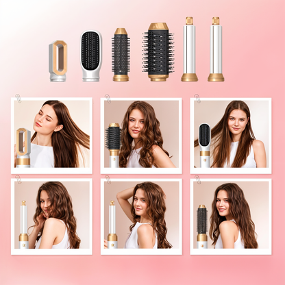 "5-i-1 multistyler hårtørrer med børste- og dysehoveder til styling, stilrent design, skånsom og antistatisk teknologi"