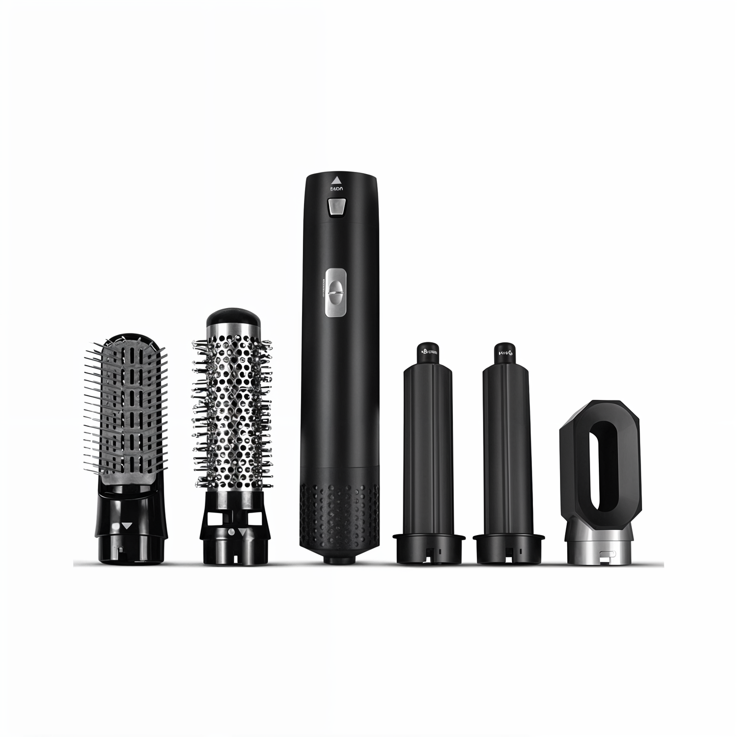 "5-i-1 multistyler hårtørrer med børste- og dysehoveder til styling, stilrent design, skånsom og antistatisk teknologi"