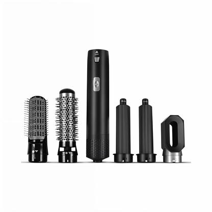 "5-i-1 multistyler hårtørrer med børste- og dysehoveder til styling, stilrent design, skånsom og antistatisk teknologi"