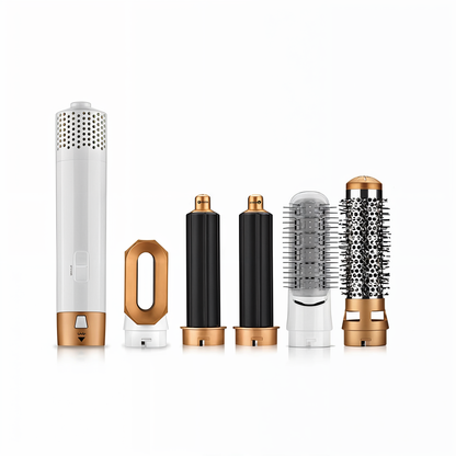 "5-i-1 multistyler hårtørrer med børste- og dysehoveder til styling, stilrent design, skånsom og antistatisk teknologi"