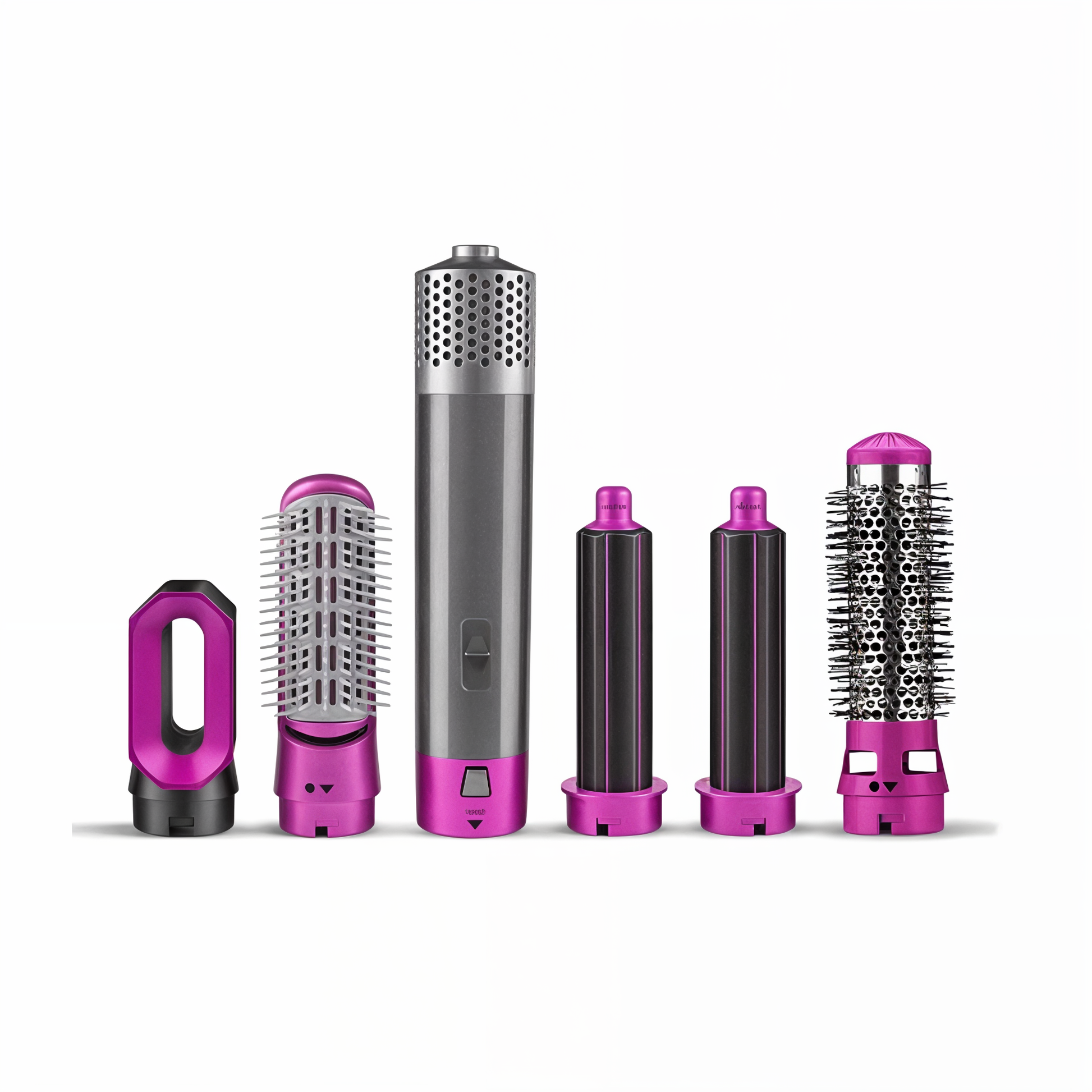 "5-i-1 multistyler hårtørrer med børste- og dysehoveder til styling, stilrent design, skånsom og antistatisk teknologi"
