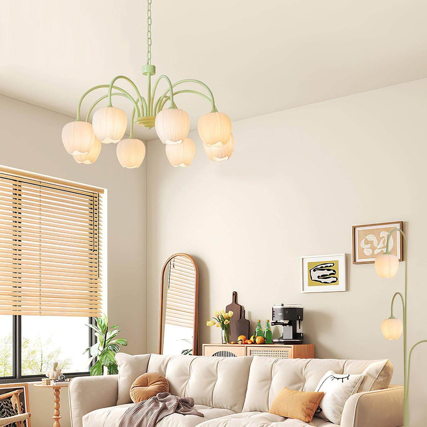 Elegant Matcha Lysekrone i Tulipandesign