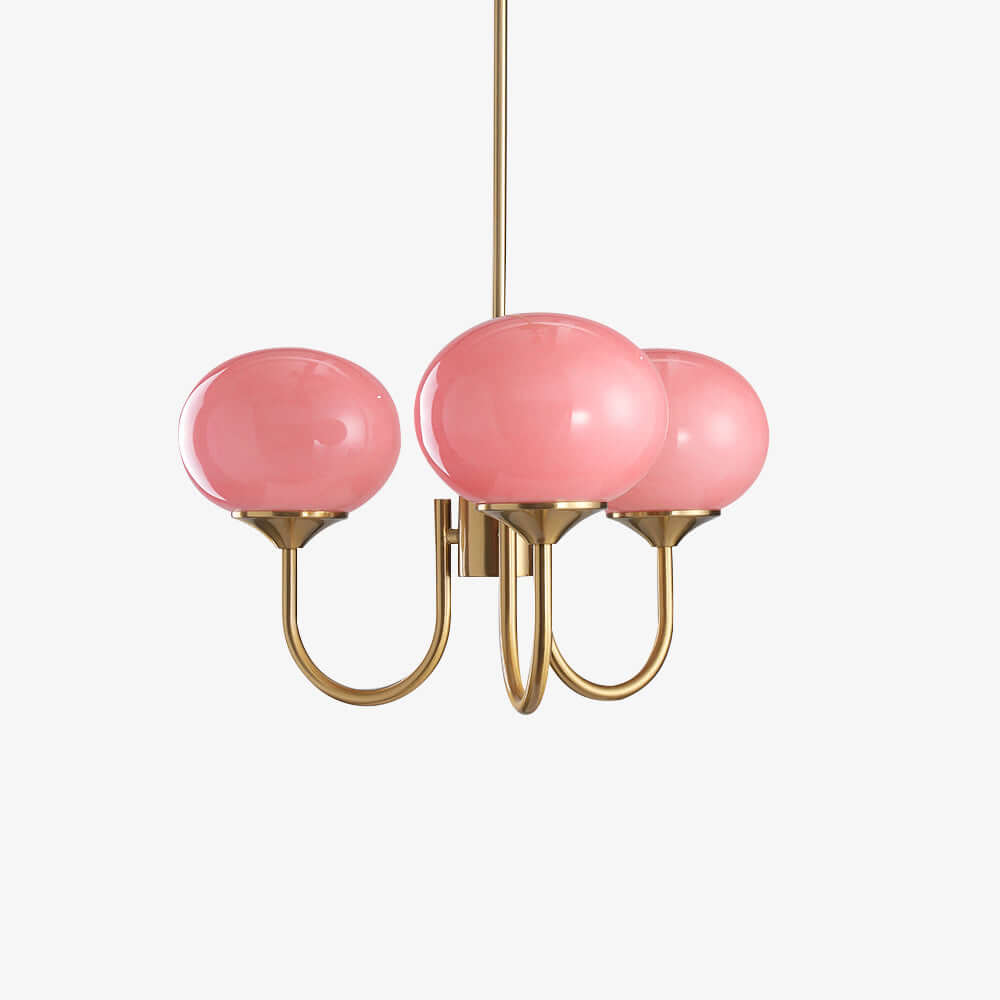 Elegant Lysekrone med Gyldne Detaljer & Lyserøde Glasskærme