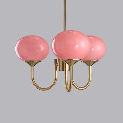 Elegant Lysekrone med Gyldne Detaljer & Lyserøde Glasskærme