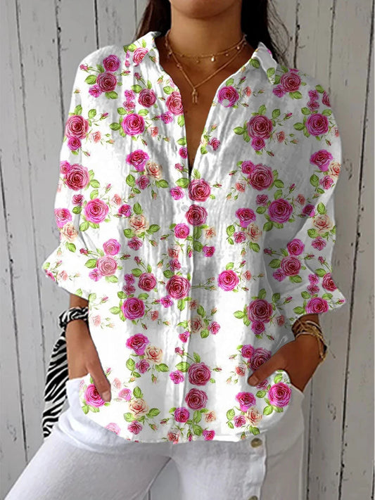 "Afslappet blomsterkunst top, unikt blomstret print, komfortabel pasform, let stof, kunstnerisk casual stil til kvinder."