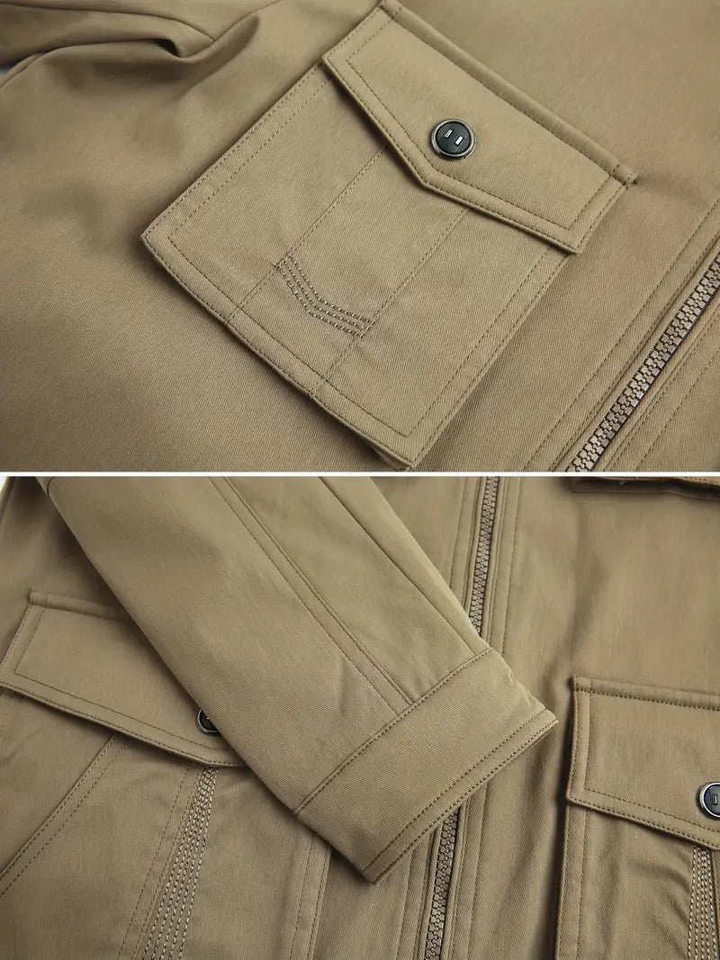 "Åndbar herre udendørs jakke, 100% nylon, vandafvisende med lommer, opstående krave, grå farve, casual fit"