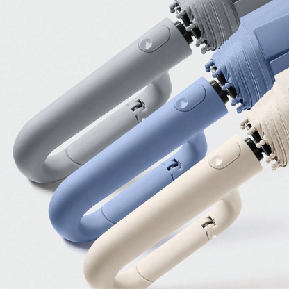 "Automatisk vindtæt paraply med reflekterende kant, åben og klar til brug mod regnen med robust design og synlighed."