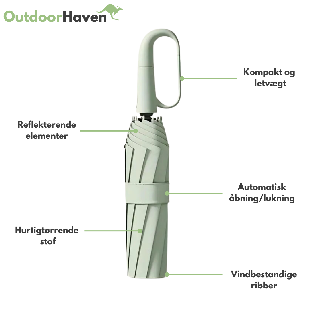 "Automatisk vindtæt paraply med reflekterende kant, åben og klar til brug mod regnen med robust design og synlighed."