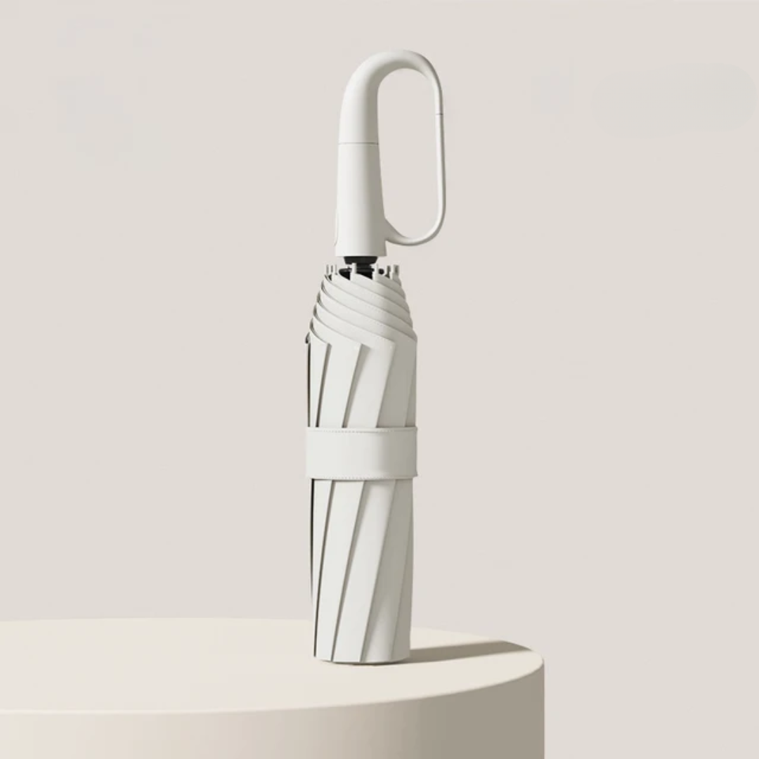 "Automatisk vindtæt paraply med reflekterende kant, åben og klar til brug mod regnen med robust design og synlighed."