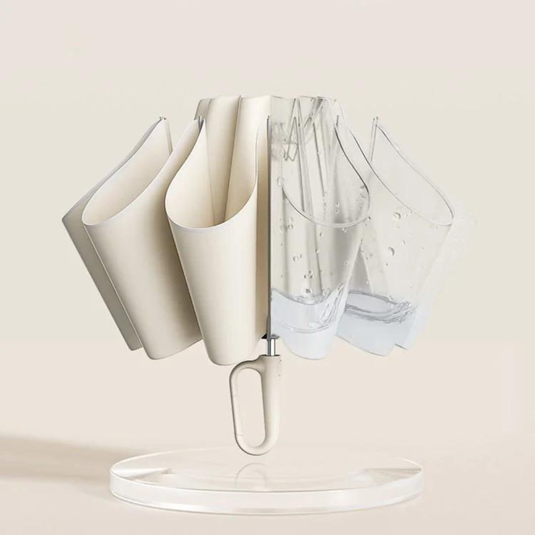 "Automatisk vindtæt paraply med reflekterende kant, åben og klar til brug mod regnen med robust design og synlighed."