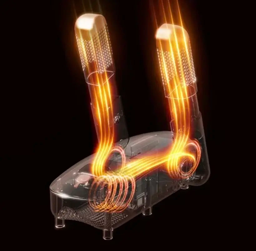 "Avanceret sko- og handske tørrer, DryShoe, i hvid med digitalt display og slanke sorte kanter, til indendørs brug."