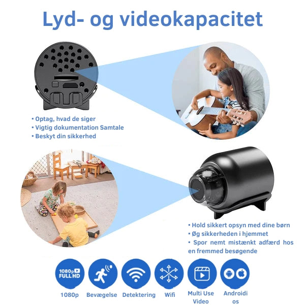 "Bærbart NanoWatch WiFi kamera med 1080p HD og 120° vidvinkellinse, magnetisk base, sort diskret design"