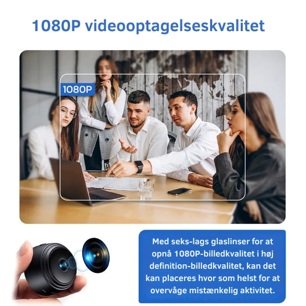 "Bærbart NanoWatch WiFi kamera med 1080p HD og 120° vidvinkellinse, magnetisk base, sort diskret design"