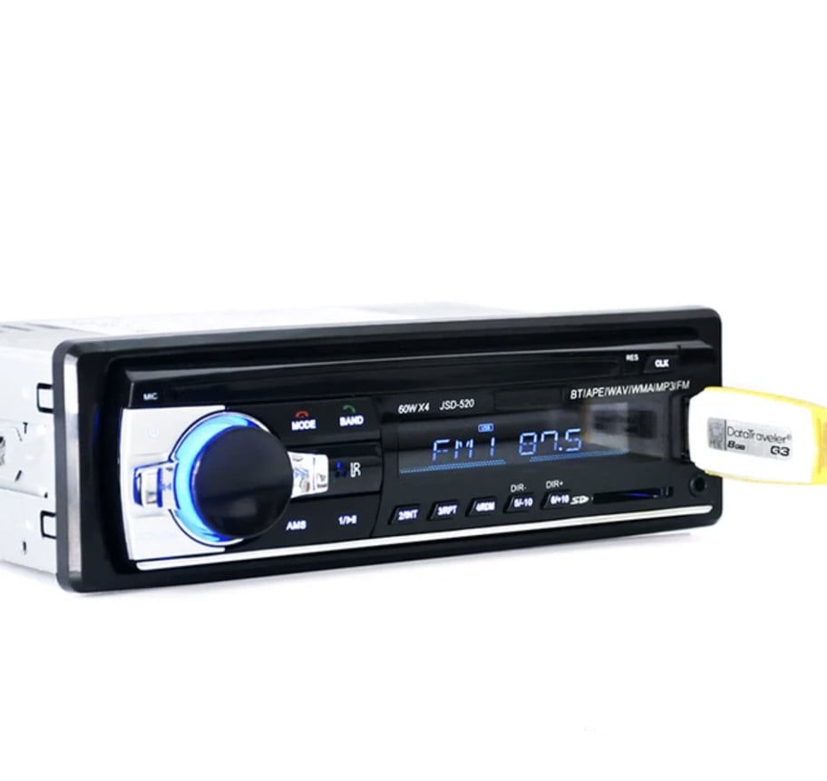 "Bilradio med Bluetooth, multifunktionel, kompakt design, sort og sølv, håndfri opkald, passer i alle biltyper."