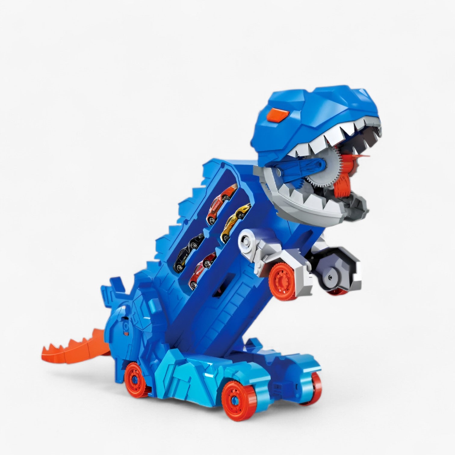 Blå dinosaur transformer legetøjslastbil med realistiske detaljer, foldbar til racerbane, perfekt til eventyrlige børnelege.